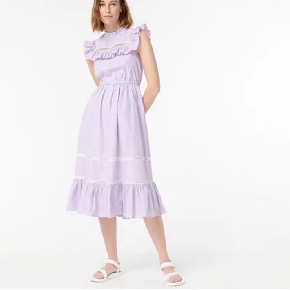 J. Crew Tiered Ruffle Dress in Stripe (Sz XL) Lilac Purple Cotton Sleeveless Bib